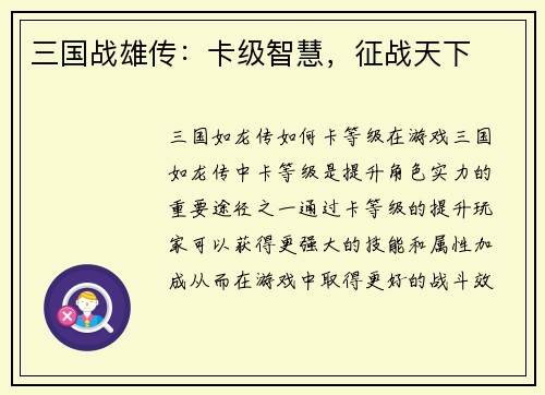 三国战雄传：卡级智慧，征战天下